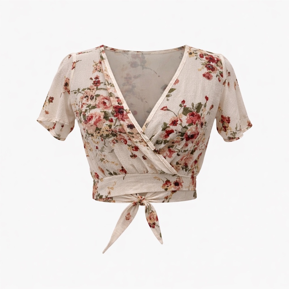 Como Black Floral Wrap Crop Top XS Cottagecore Coquette Romantic Tie Back